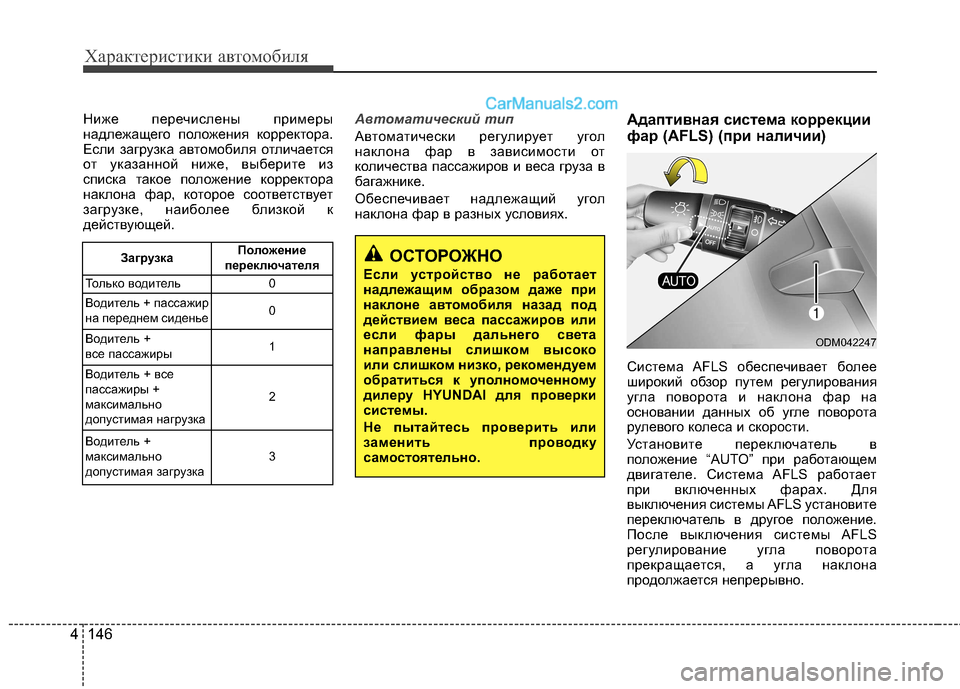 Hyundai Santa Fe 2013  Инструкция по эксплуатации (in Russian) Характеристики автомобиля
146
4
Ниже перечислены примеры 
надлежащего положения корректора.
Если загрузка авт