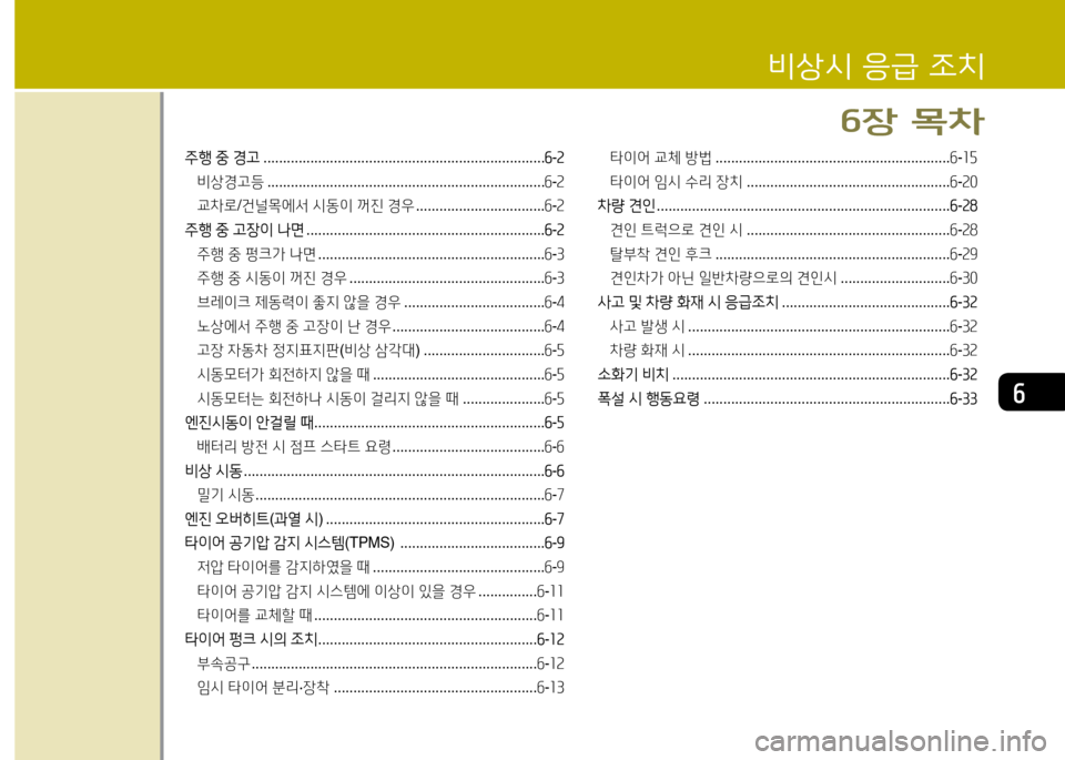 Hyundai Santa Fe 2013  싼타페 DM - 사용 설명서 (in Korean) 작
주B 중  경고  ........................................................................ 작-속
비상경고등  ....................................................................... 6-2
교