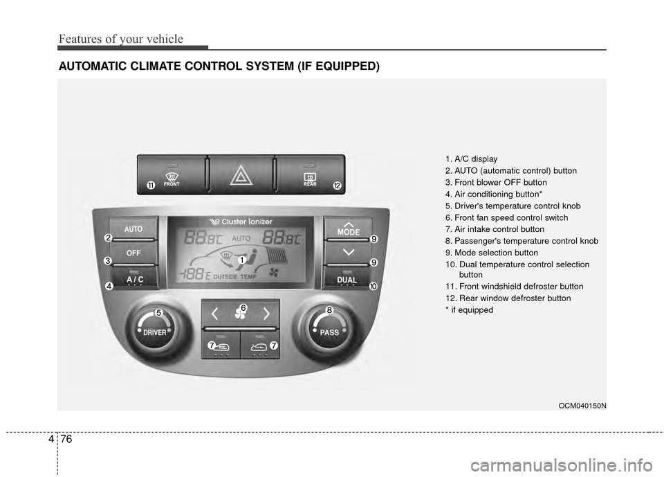Hyundai Santa Fe 2012  Owners Manual Features of your vehicle
76
4
AUTOMATIC CLIMATE CONTROL SYSTEM (IF EQUIPPED)
OCM040150N
1. A/C display
2. AUTO (automatic control) button
3. Front blower OFF button
4. Air conditioning button*
5. Driv