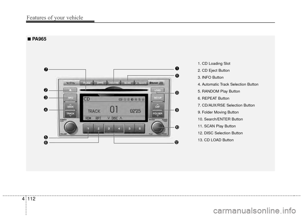 Hyundai Santa Fe 2012 Owners Manual Features of your vehicle
112
4
1. CD Loading Slot
2. CD Eject Button
3. INFO Button
4. Automatic Track Selection Button
5. RANDOM Play Button
6. REPEAT Button
7. CD/AUX/RSE Selection Button
9. Folder Hyundai Santa Fe 2012 Owners Manual Features of your vehicle
112
4
1. CD Loading Slot
2. CD Eject Button
3. INFO Button
4. Automatic Track Selection Button
5. RANDOM Play Button
6. REPEAT Button
7. CD/AUX/RSE Selection Button
9. Folder