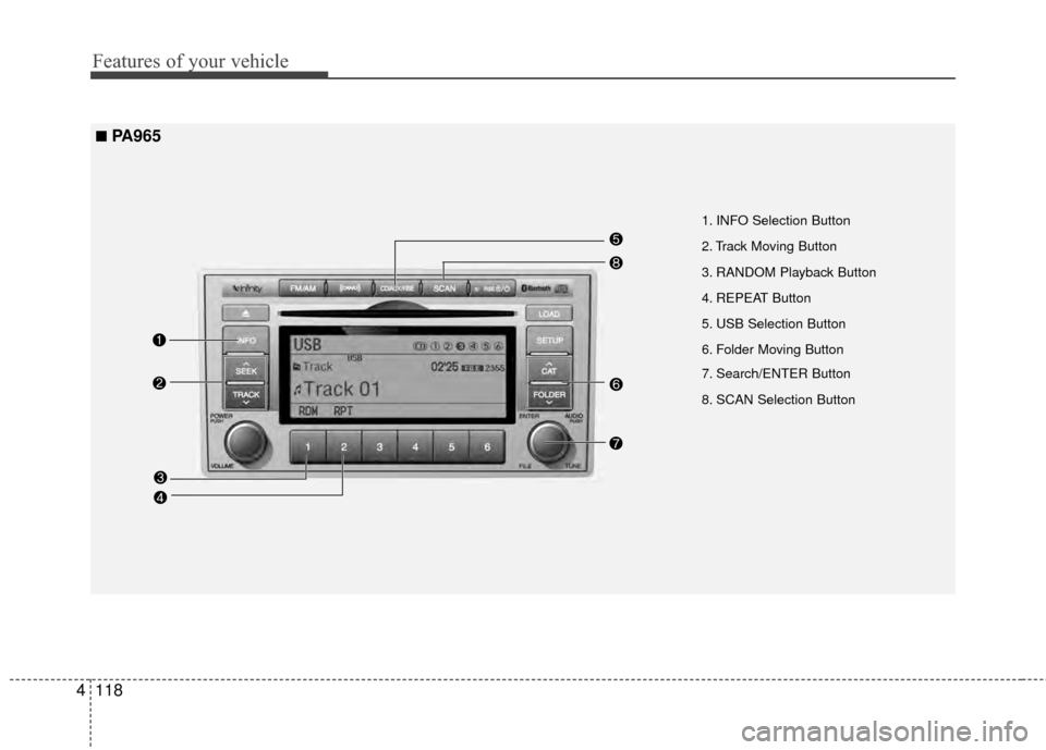 Hyundai Santa Fe 2012 Owners Manual Features of your vehicle
118
4
1. INFO Selection Button
2. Track Moving Button
3. RANDOM Playback Button
4. REPEAT Button
5. USB Selection Button
6. Folder Moving Button
7. Search/ENTER Button
8. SCAN Hyundai Santa Fe 2012 Owners Manual Features of your vehicle
118
4
1. INFO Selection Button
2. Track Moving Button
3. RANDOM Playback Button
4. REPEAT Button
5. USB Selection Button
6. Folder Moving Button
7. Search/ENTER Button
8. SCAN