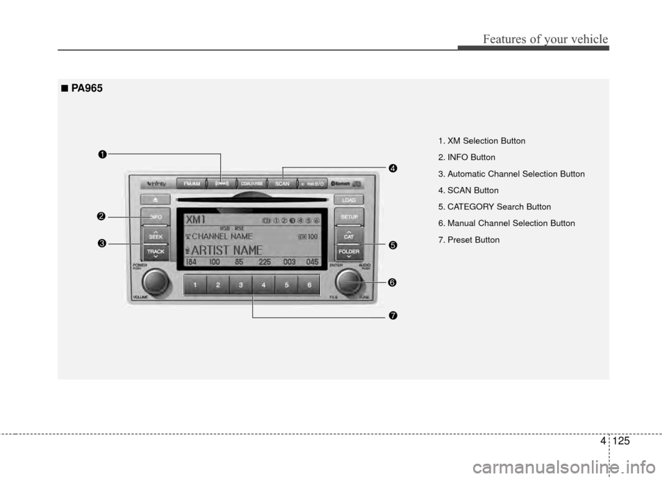 Hyundai Santa Fe 2012 Owners Manual 4125
Features of your vehicle
1. XM Selection Button
2. INFO Button
3. Automatic Channel Selection Button
4. SCAN Button
5. CATEGORY Search Button
6. Manual Channel Selection Button
7. Preset Button
Hyundai Santa Fe 2012 Owners Manual 4125
Features of your vehicle
1. XM Selection Button
2. INFO Button
3. Automatic Channel Selection Button
4. SCAN Button
5. CATEGORY Search Button
6. Manual Channel Selection Button
7. Preset Button