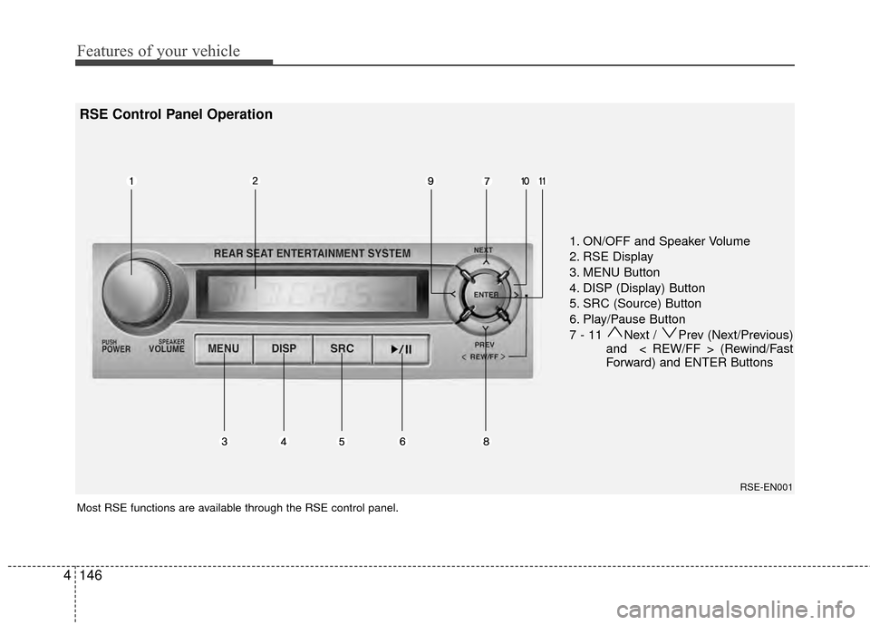 Hyundai Santa Fe 2012 Owners Manual Features of your vehicle
146
4
1. ON/OFF and Speaker Volume
2. RSE Display
3. MENU Button
4. DISP (Display) Button
5. SRC (Source) Button
6. Play/Pause Button
7 - 11 Next / Prev (Next/Previous)
and Hyundai Santa Fe 2012 Owners Manual Features of your vehicle
146
4
1. ON/OFF and Speaker Volume
2. RSE Display
3. MENU Button
4. DISP (Display) Button
5. SRC (Source) Button
6. Play/Pause Button
7 - 11 Next / Prev (Next/Previous)
and
