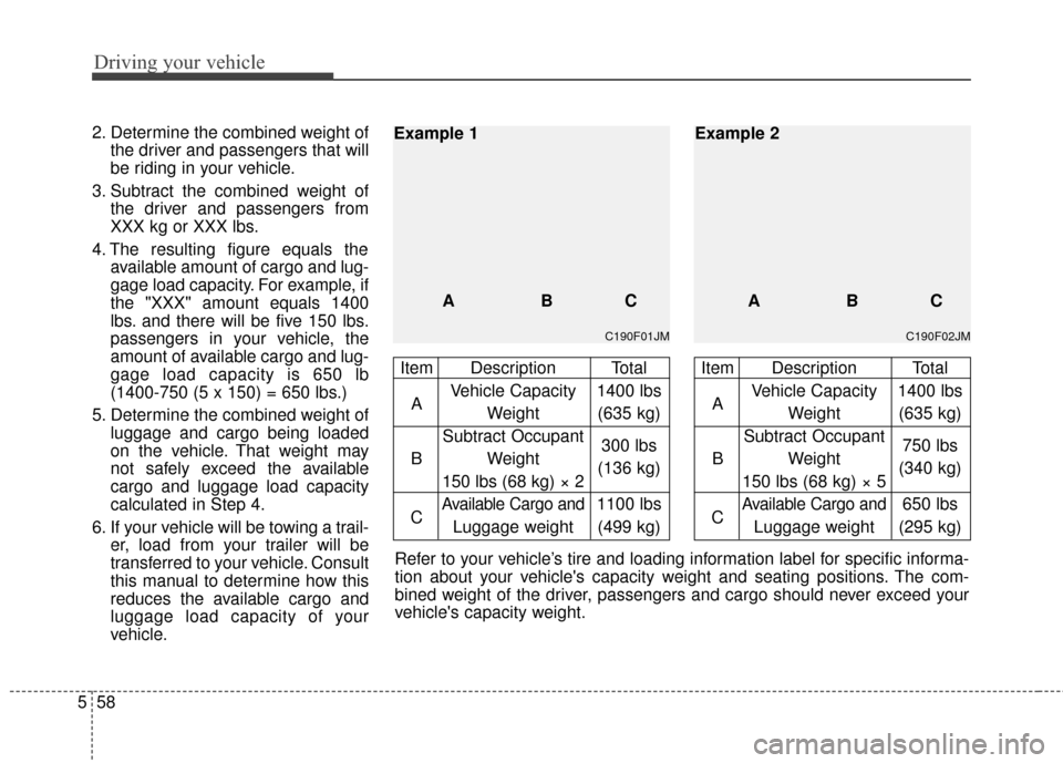 Hyundai Santa Fe 2012  Owners Manual Driving your vehicle
58
5
2. Determine the combined weight of
the driver and passengers that will
be riding in your vehicle.
3. Subtract the combined weight of the driver and passengers from
XXX kg or