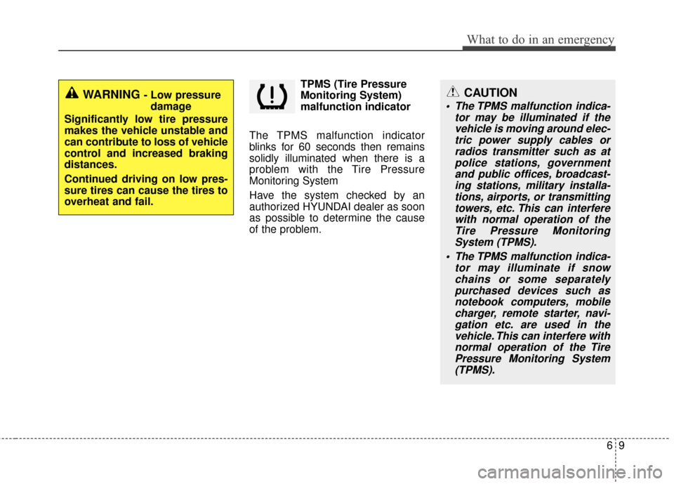 Hyundai Santa Fe 2012  Owners Manual 69
What to do in an emergency
TPMS (Tire Pressure
Monitoring System)
malfunction indicator
The TPMS malfunction indicator
blinks for 60 seconds then remains
solidly illuminated when there is a
problem