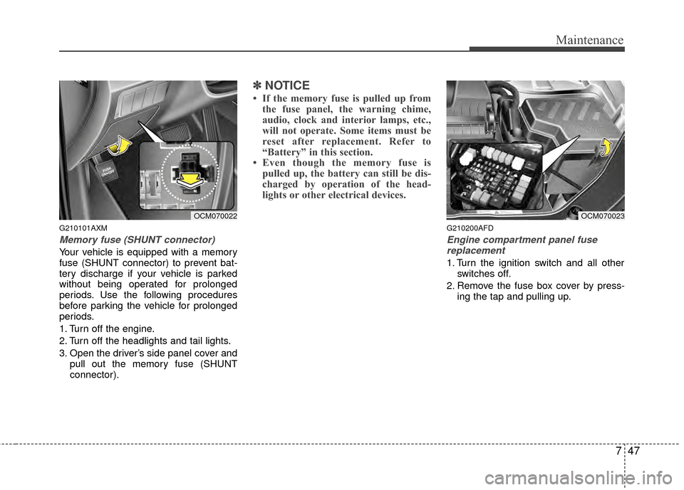 Hyundai Santa Fe 2012  Owners Manual 747
Maintenance
G210101AXM
Memory fuse (SHUNT connector)
Your vehicle is equipped with a memory
fuse (SHUNT connector) to prevent bat-
tery discharge if your vehicle is parked
without being operated f