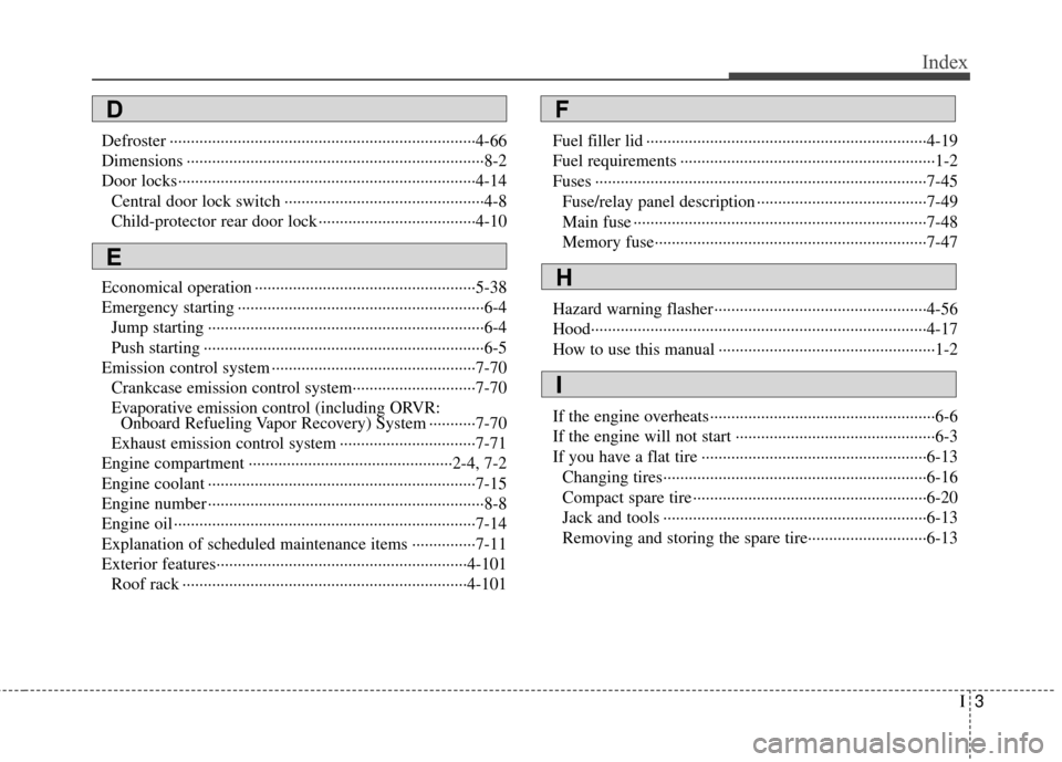 Hyundai Santa Fe 2012  Owners Manual I3
Index
Defroster ··················\
··················\
··················\
··················\
4-66
Dimensions ······
