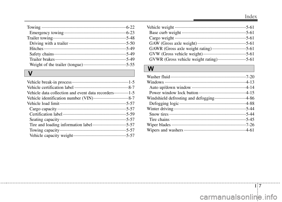 Hyundai Santa Fe 2012  Owners Manual I7
Index
Towing ··················\
··················\
··················\
··················\
···6-22Emergency towing ··