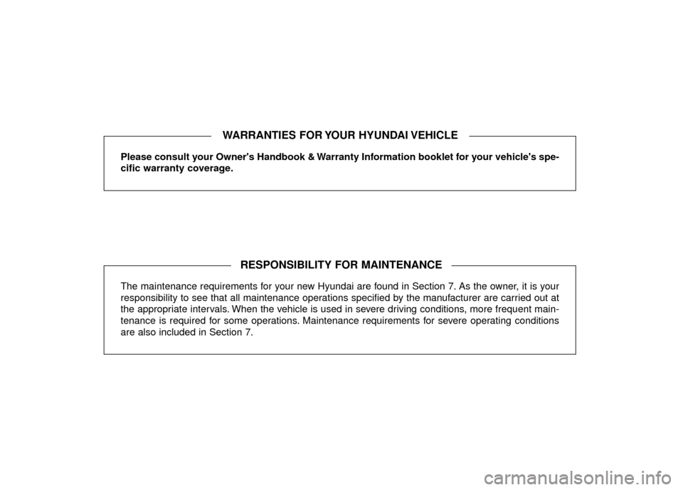 Hyundai Santa Fe 2012  Owners Manual Please consult your Owners Handbook & Warranty Information booklet for your vehicles spe-
cific warranty coverage.
The maintenance requirements for your new Hyundai are found in Section 7. As the ow