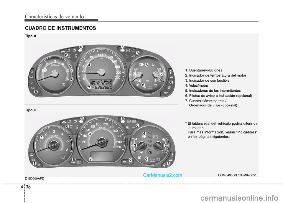 Hyundai Santa Fe 2012 Manual del propietario (in Spanish) Características de vehículo
38 4
CUADRO DE INSTRUMENTOS
D150000AFD
1. Cuentarrevoluciones
2. Indicador de temperatura del motor
3. Indicador de combustible
4. Velocímetro
5. Indicadores de los inte Hyundai Santa Fe 2012 Manual del propietario (in Spanish) Características de vehículo
38 4
CUADRO DE INSTRUMENTOS
D150000AFD
1. Cuentarrevoluciones
2. Indicador de temperatura del motor
3. Indicador de combustible
4. Velocímetro
5. Indicadores de los inte