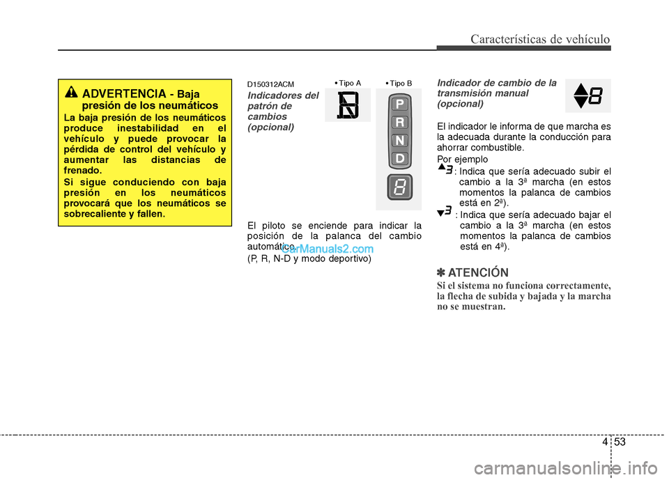 Hyundai Santa Fe 2012 Manual del propietario (in Spanish) 453
Características de vehículo
D150312ACM
Indicadores del
patrón de
cambios
(opcional)
El piloto se enciende para indicar la
posición de la palanca del cambio
automático.
(P, R, N-D y modo depor Hyundai Santa Fe 2012 Manual del propietario (in Spanish) 453
Características de vehículo
D150312ACM
Indicadores del
patrón de
cambios
(opcional)
El piloto se enciende para indicar la
posición de la palanca del cambio
automático.
(P, R, N-D y modo depor