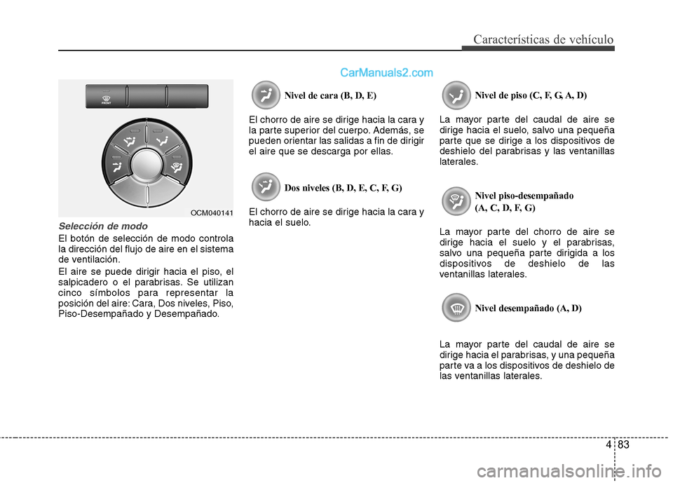 Hyundai Santa Fe 2012 Manual del propietario (in Spanish) 483
Características de vehículo
Selección de modo
El botón de selección de modo controla
la dirección del flujo de aire en el sistema
de ventilación.
El aire se puede dirigir hacia el piso, el
Hyundai Santa Fe 2012 Manual del propietario (in Spanish) 483
Características de vehículo
Selección de modo
El botón de selección de modo controla
la dirección del flujo de aire en el sistema
de ventilación.
El aire se puede dirigir hacia el piso, el