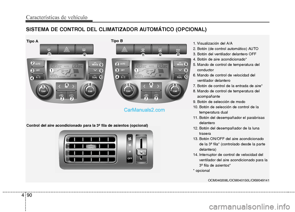 Hyundai Santa Fe 2012 Manual del propietario (in Spanish) Características de vehículo
90 4
SISTEMA DE CONTROL DEL CLIMATIZADOR AUTOMÁTICO (OPCIONAL)
OCM040208L/OCM040150L/OXM049141
Tipo ATipo B
Control del aire acondicionado para la 3ª fila de asientos ( Hyundai Santa Fe 2012 Manual del propietario (in Spanish) Características de vehículo
90 4
SISTEMA DE CONTROL DEL CLIMATIZADOR AUTOMÁTICO (OPCIONAL)
OCM040208L/OCM040150L/OXM049141
Tipo ATipo B
Control del aire acondicionado para la 3ª fila de asientos (