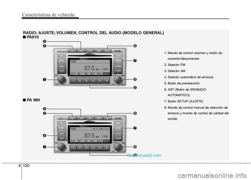 Hyundai Santa Fe 2012 Manual del propietario (in Spanish) Características de vehículo
120 4
RADIO; AJUSTE; VOLUMEN, CONTROL DEL AUDIO (MODELO GENERAL)
■ ■
PA910
■
■
PA 960
1. Mando de control volumen y botón de
conexión/desconexión
2. Select Hyundai Santa Fe 2012 Manual del propietario (in Spanish) Características de vehículo
120 4
RADIO; AJUSTE; VOLUMEN, CONTROL DEL AUDIO (MODELO GENERAL)
■ ■
PA910
■
■
PA 960
1. Mando de control volumen y botón de
conexión/desconexión
2. Select