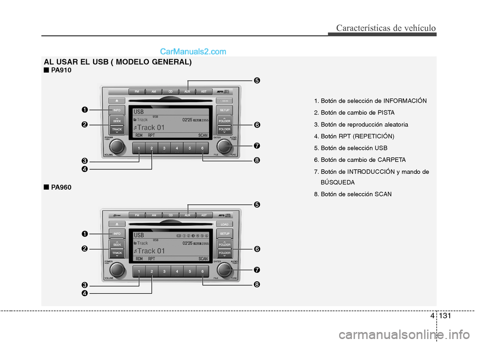 Hyundai Santa Fe 2012 Manual del propietario (in Spanish) 4131
Características de vehículo
AL USAR EL USB ( MODELO GENERAL)
■ ■
PA910
■ ■
PA960
1. Botón de selección de INFORMACIÓN
2. Botón de cambio de PISTA
3. Botón de reproducción al Hyundai Santa Fe 2012 Manual del propietario (in Spanish) 4131
Características de vehículo
AL USAR EL USB ( MODELO GENERAL)
■ ■
PA910
■ ■
PA960
1. Botón de selección de INFORMACIÓN
2. Botón de cambio de PISTA
3. Botón de reproducción al