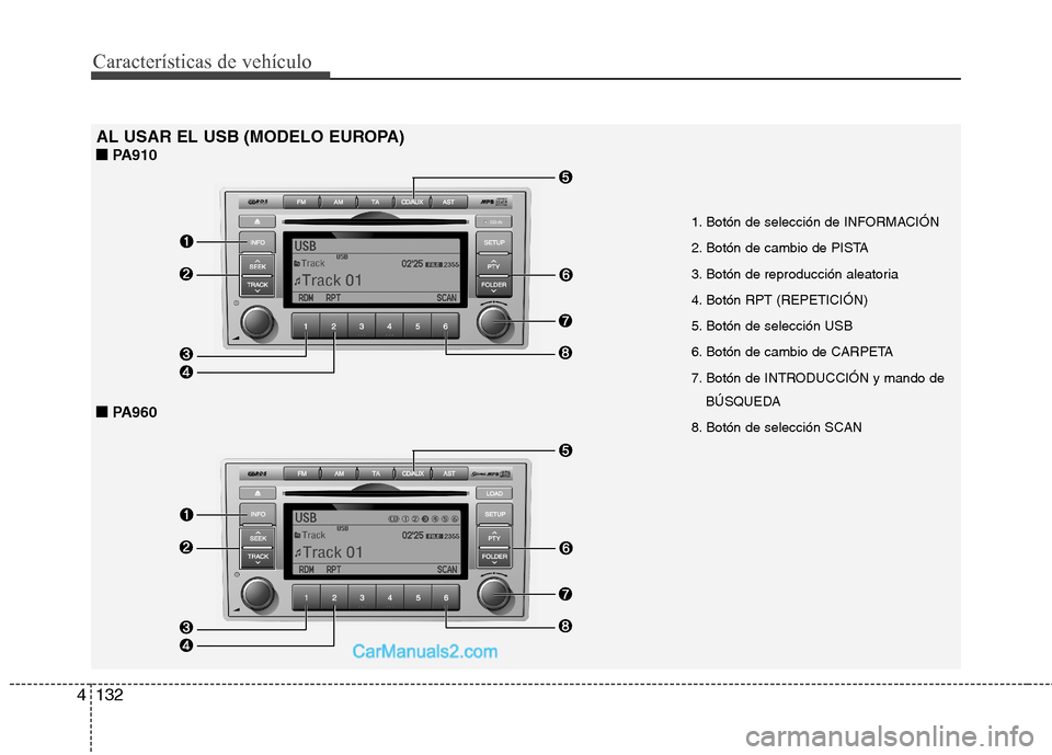 Hyundai Santa Fe 2012 Manual del propietario (in Spanish) Características de vehículo
132 4
AL USAR EL USB (MODELO EUROPA)
■ ■
PA910
■ ■
PA960
1. Botón de selección de INFORMACIÓN
2. Botón de cambio de PISTA
3. Botón de reproducción ale Hyundai Santa Fe 2012 Manual del propietario (in Spanish) Características de vehículo
132 4
AL USAR EL USB (MODELO EUROPA)
■ ■
PA910
■ ■
PA960
1. Botón de selección de INFORMACIÓN
2. Botón de cambio de PISTA
3. Botón de reproducción ale