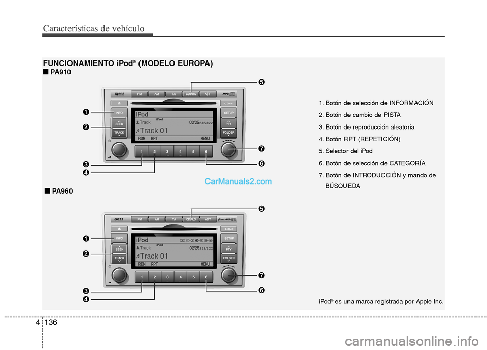 Hyundai Santa Fe 2012 Manual del propietario (in Spanish) Características de vehículo
136 4
FUNCIONAMIENTO iPod®(MODELO EUROPA)
■ ■
PA910
iPod®es una marca registrada por Apple Inc.
■ ■
PA960
1. Botón de selección de INFORMACIÓN
2. Botó Hyundai Santa Fe 2012 Manual del propietario (in Spanish) Características de vehículo
136 4
FUNCIONAMIENTO iPod®(MODELO EUROPA)
■ ■
PA910
iPod®es una marca registrada por Apple Inc.
■ ■
PA960
1. Botón de selección de INFORMACIÓN
2. Botó
