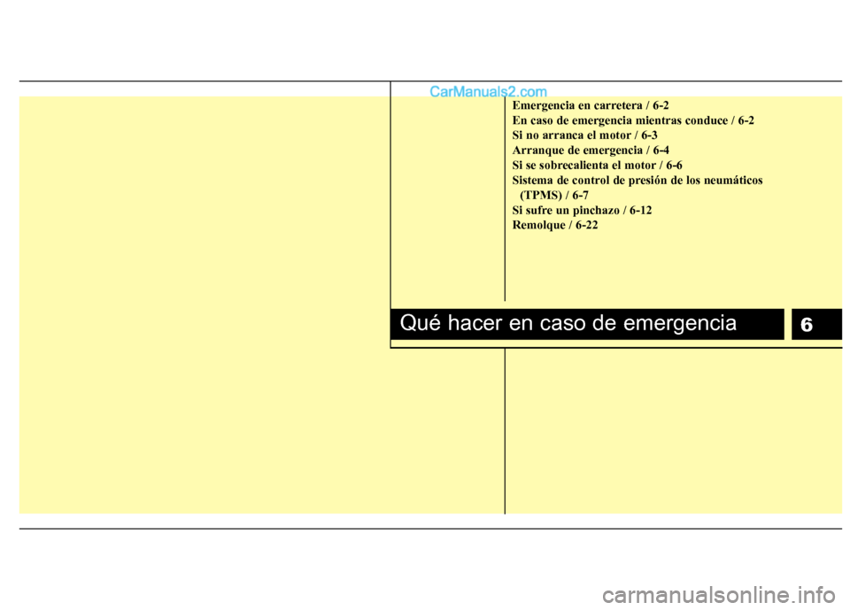 Hyundai Santa Fe 2012 Manual del propietario (in Spanish) 6
Emergencia en carretera / 6-2
En caso de emergencia mientras conduce / 6-2
Si no arranca el motor / 6-3
Arranque de emergencia / 6-4
Si se sobrecalienta el motor / 6-6
Sistema de control de presión Hyundai Santa Fe 2012 Manual del propietario (in Spanish) 6
Emergencia en carretera / 6-2
En caso de emergencia mientras conduce / 6-2
Si no arranca el motor / 6-3
Arranque de emergencia / 6-4
Si se sobrecalienta el motor / 6-6
Sistema de control de presión