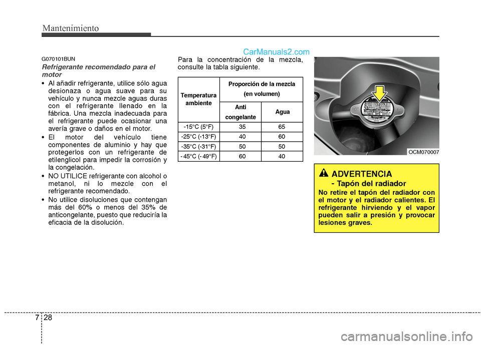 Hyundai Santa Fe 2012  Manual del propietario (in Spanish) Mantenimiento
28 7
G070101BUN
Refrigerante recomendado para el
motor
 Al añadir refrigerante, utilice sólo agua
desionaza o agua suave para su
vehículo y nunca mezcle aguas duras
con el refrigerant