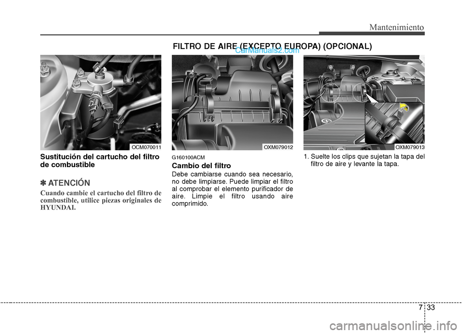 Hyundai Santa Fe 2012  Manual del propietario (in Spanish) 733
Mantenimiento
Sustitución del cartucho del filtro
de combustible
✽ ✽
ATENCIÓN
Cuando cambie el cartucho del filtro de
combustible, utilice piezas originales de
HYUNDAI.
G160100ACM
Cambio del