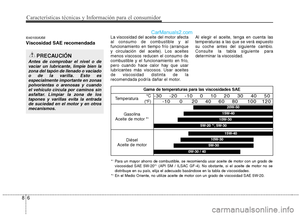Hyundai Santa Fe 2012 Manual del propietario (in Spanish) Características técnicas y Información para el consumidor
6 8
I040100AXM
Viscosidad SAE recomendada
La viscosidad del aceite del motor afecta
al consumo de combustible y al
funcionamiento en tiempo Hyundai Santa Fe 2012 Manual del propietario (in Spanish) Características técnicas y Información para el consumidor
6 8
I040100AXM
Viscosidad SAE recomendada
La viscosidad del aceite del motor afecta
al consumo de combustible y al
funcionamiento en tiempo