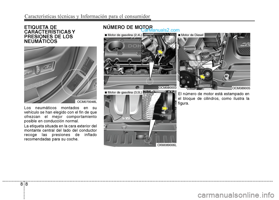 Hyundai Santa Fe 2012 Manual del propietario (in Spanish) Características técnicas y Información para el consumidor
8 8
ETIQUETA DE
CARACTERÍSTICAS Y
PRESIONES DE LOS
NEUMÁTICOS
Los neumáticos montados en su
vehículo se han elegido con el fin de que
o Hyundai Santa Fe 2012 Manual del propietario (in Spanish) Características técnicas y Información para el consumidor
8 8
ETIQUETA DE
CARACTERÍSTICAS Y
PRESIONES DE LOS
NEUMÁTICOS
Los neumáticos montados en su
vehículo se han elegido con el fin de que
o