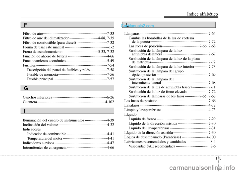 Hyundai Santa Fe 2012 Manual del propietario (in Spanish) I5
Índice alfabético
Filtro de aire···································································7-33
Filtro de aire del clima Hyundai Santa Fe 2012 Manual del propietario (in Spanish) I5
Índice alfabético
Filtro de aire···································································7-33
Filtro de aire del clima