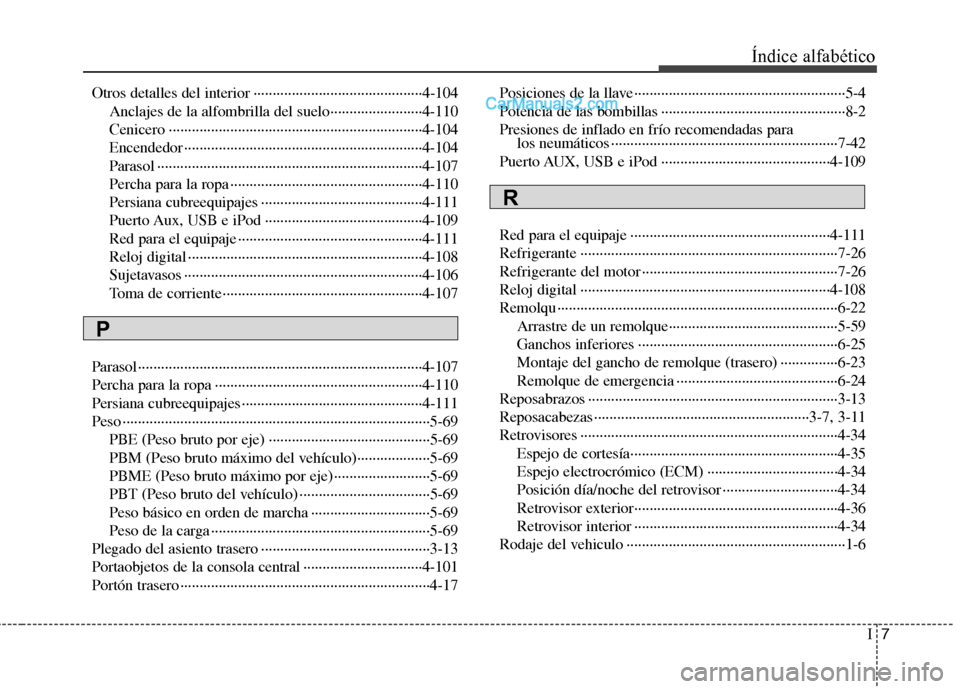 Hyundai Santa Fe 2012 Manual del propietario (in Spanish) I7
Índice alfabético
Otros detalles del interior ············································4-104
Anclajes de la alfombrilla del suelo········· Hyundai Santa Fe 2012 Manual del propietario (in Spanish) I7
Índice alfabético
Otros detalles del interior ············································4-104
Anclajes de la alfombrilla del suelo·········