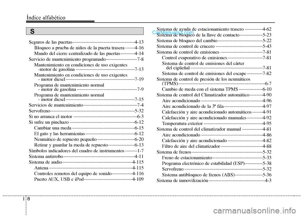 Hyundai Santa Fe 2012 Manual del propietario (in Spanish) Índice alfabético
8I
Seguros de las puertas····················································4-13
Bloqueo a prueba de niños de la puerta traser Hyundai Santa Fe 2012 Manual del propietario (in Spanish) Índice alfabético
8I
Seguros de las puertas····················································4-13
Bloqueo a prueba de niños de la puerta traser