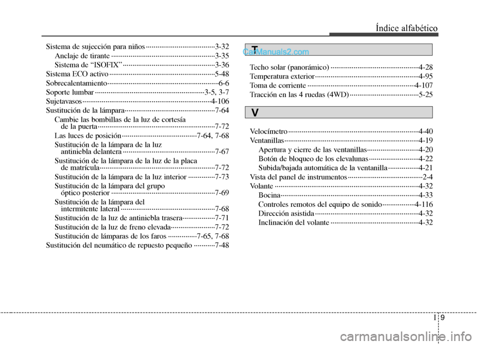 Hyundai Santa Fe 2012 Manual del propietario (in Spanish) I9
Índice alfabético
Sistema de sujección para niños ····································3-32
Anclaje de tirante ······················· Hyundai Santa Fe 2012 Manual del propietario (in Spanish) I9
Índice alfabético
Sistema de sujección para niños ····································3-32
Anclaje de tirante ·······················
