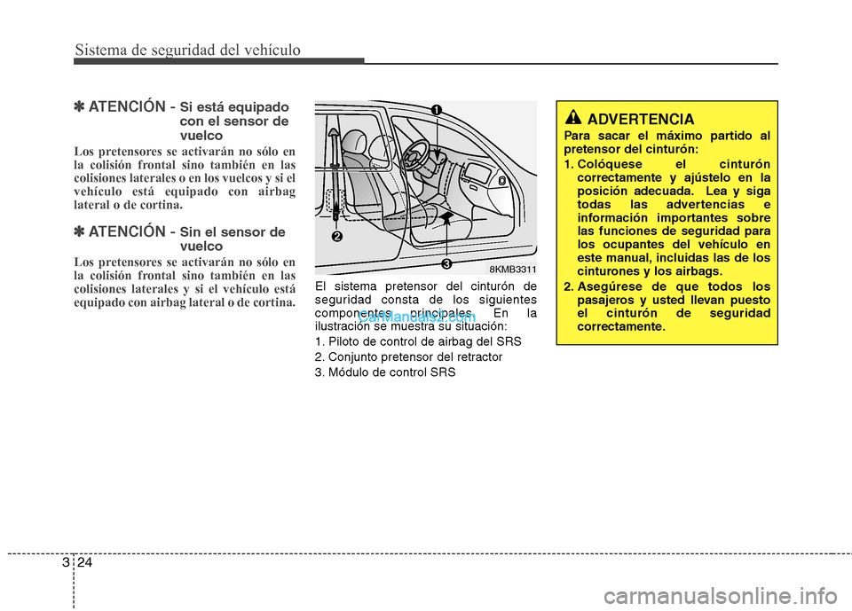 Hyundai Santa Fe 2012  Manual del propietario (in Spanish) Sistema de seguridad del vehículo
24 3
✽
✽
ATENCIÓN - Si está equipado
con el sensor de
vuelco
Los pretensores se activarán no sólo en
la colisión frontal sino también en las
colisiones lat