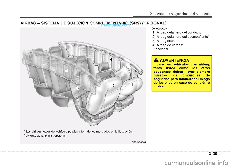 Hyundai Santa Fe 2012 Manual del propietario (in Spanish) 339
Sistema de seguridad del vehículo
C040000AUN
(1) Airbag delantero del conductor
(2) Airbag delantero del acompañante*
(3) Airbag lateral*
(4) Airbag de cortina*
* : opcional
AIRBAG – SISTEMA D Hyundai Santa Fe 2012 Manual del propietario (in Spanish) 339
Sistema de seguridad del vehículo
C040000AUN
(1) Airbag delantero del conductor
(2) Airbag delantero del acompañante*
(3) Airbag lateral*
(4) Airbag de cortina*
* : opcional
AIRBAG – SISTEMA D