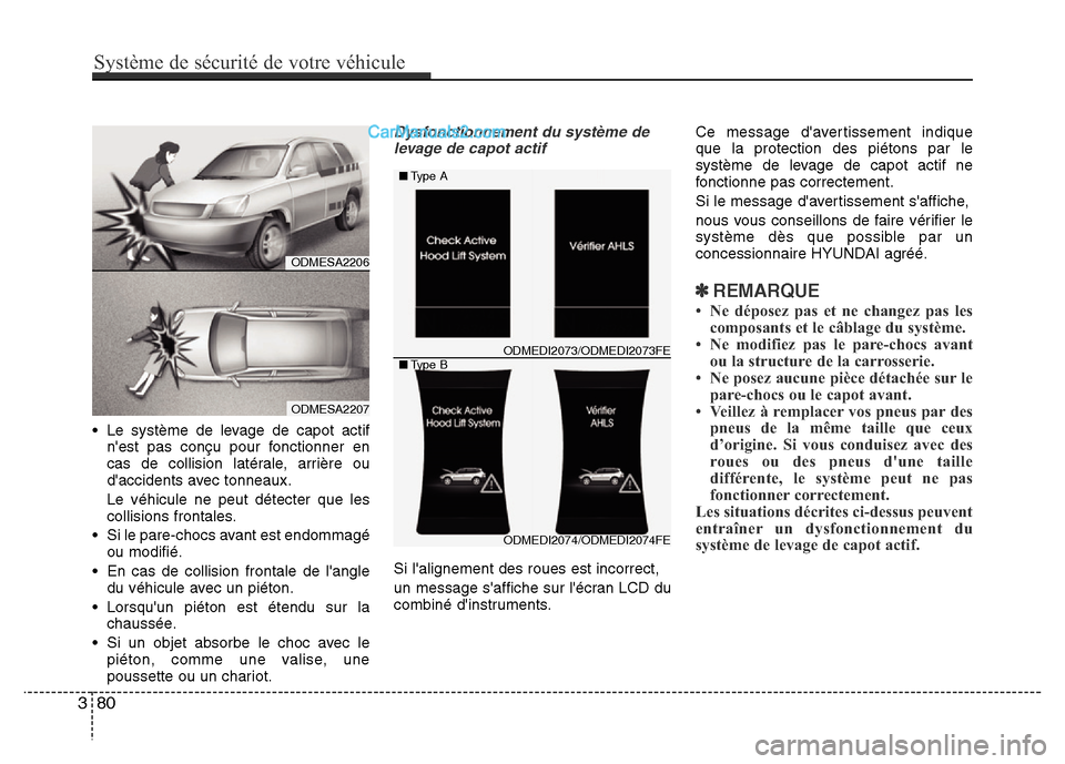Hyundai Santa Fe 2012 Manuel du propriétaire (in French) • Le système de levage de capot actif
nest pas conçu pour fonctionner en
cas de collision latérale, arrière ou
daccidents avec tonneaux.
Le véhicule ne peut détecter que les
collisions front Hyundai Santa Fe 2012 Manuel du propriétaire (in French) • Le système de levage de capot actif
nest pas conçu pour fonctionner en
cas de collision latérale, arrière ou
daccidents avec tonneaux.
Le véhicule ne peut détecter que les
collisions front