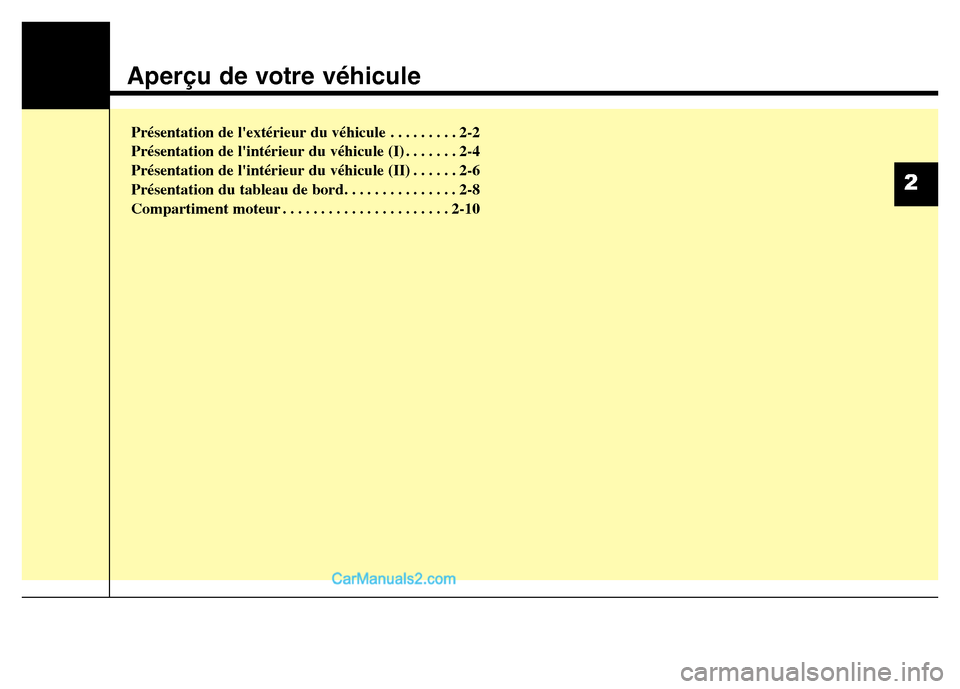 Hyundai Santa Fe 2012 Manuel du propriétaire (in French) Aperçu de votre véhicule
Présentation de lextérieur du véhicule . . . . . . . . . 2-2
Présentation de lintérieur du véhicule (I) . . . . . . . 2-4
Présentation de lintérieur du véhicule Hyundai Santa Fe 2012 Manuel du propriétaire (in French) Aperçu de votre véhicule
Présentation de lextérieur du véhicule . . . . . . . . . 2-2
Présentation de lintérieur du véhicule (I) . . . . . . . 2-4
Présentation de lintérieur du véhicule
