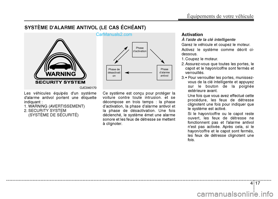 Hyundai Santa Fe 2012 Manuel du propriétaire (in French) 417
Équipements de votre véhicule
Les véhicules équipés dun système
dalarme antivol portent une étiquette
indiquant :
1. WARNING (AVERTISSEMENT)
2. SECURITY SYSTEM
(SYSTÈME DE SÉCURITÉ)Ce Hyundai Santa Fe 2012 Manuel du propriétaire (in French) 417
Équipements de votre véhicule
Les véhicules équipés dun système
dalarme antivol portent une étiquette
indiquant :
1. WARNING (AVERTISSEMENT)
2. SECURITY SYSTEM
(SYSTÈME DE SÉCURITÉ)Ce