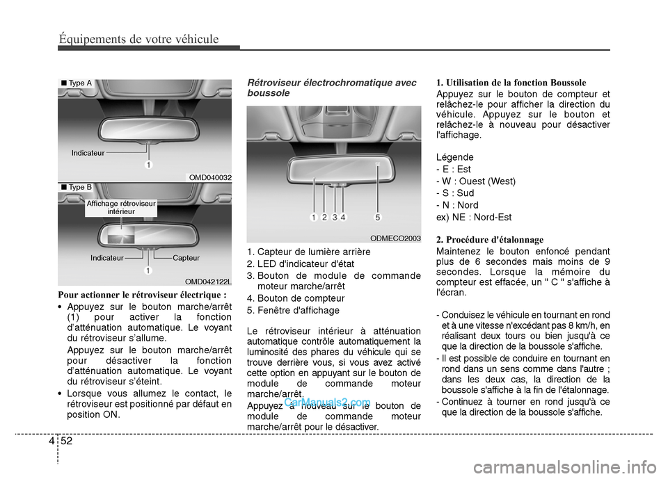 Hyundai Santa Fe 2012 Manuel du propriétaire (in French) Équipements de votre véhicule
52 4
Pour actionner le rétroviseur électrique :
• Appuyez sur le bouton marche/arrêt
(1) pour activer la fonction
d’atténuation automatique. Le voyant
du rétro Hyundai Santa Fe 2012 Manuel du propriétaire (in French) Équipements de votre véhicule
52 4
Pour actionner le rétroviseur électrique :
• Appuyez sur le bouton marche/arrêt
(1) pour activer la fonction
d’atténuation automatique. Le voyant
du rétro