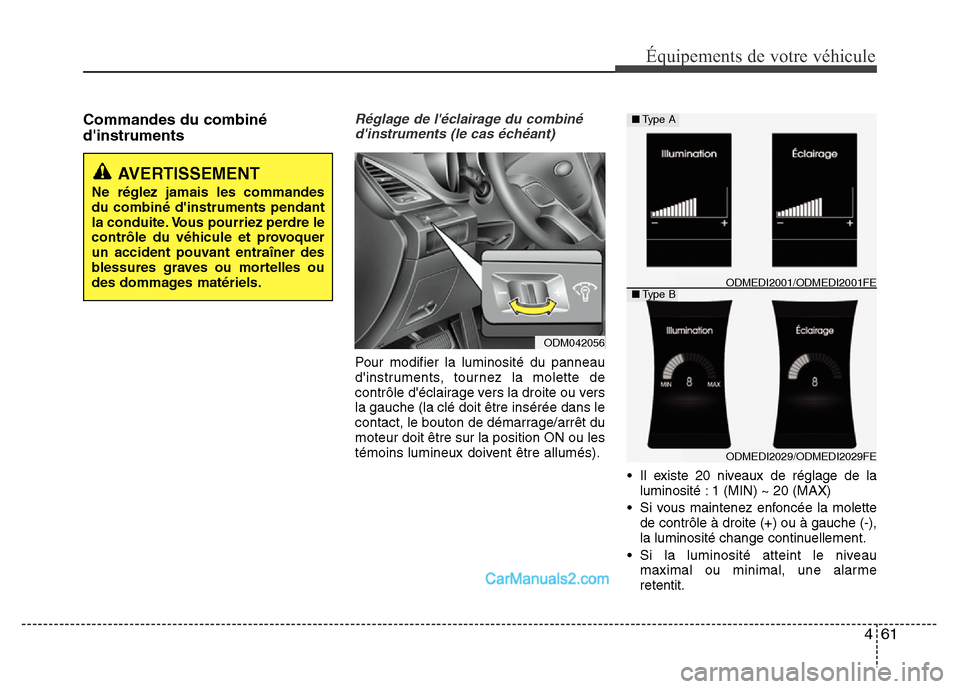 Hyundai Santa Fe 2012 Manuel du propriétaire (in French) 461
Équipements de votre véhicule
Commandes du combiné
dinstrumentsRéglage de léclairage du combiné
dinstruments (le cas échéant)
Pour modifier la luminosité du panneau
dinstruments, tour Hyundai Santa Fe 2012 Manuel du propriétaire (in French) 461
Équipements de votre véhicule
Commandes du combiné
dinstrumentsRéglage de léclairage du combiné
dinstruments (le cas échéant)
Pour modifier la luminosité du panneau
dinstruments, tour