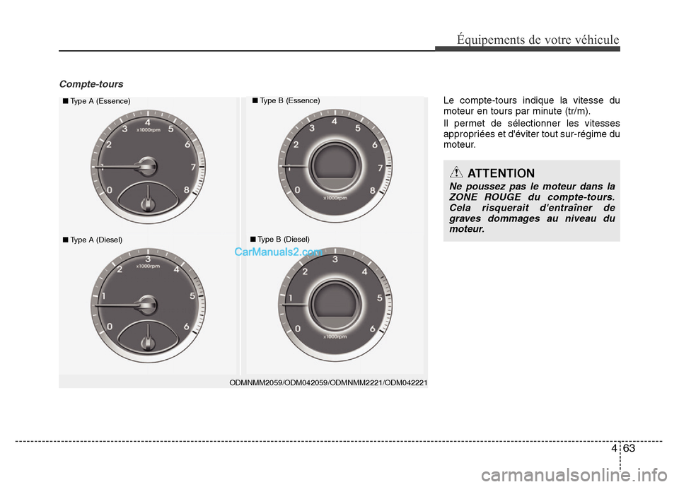 Hyundai Santa Fe 2012 Manuel du propriétaire (in French) 463
Équipements de votre véhicule
Compte-tours
ODMNMM2059/ODM042059/ODMNMM2221/ODM042221
■Type A (Essence)■Type B (Essence)
■Type A (Diesel)■Type B (Diesel)
ATTENTION
Ne poussez pas le moteu Hyundai Santa Fe 2012 Manuel du propriétaire (in French) 463
Équipements de votre véhicule
Compte-tours
ODMNMM2059/ODM042059/ODMNMM2221/ODM042221
■Type A (Essence)■Type B (Essence)
■Type A (Diesel)■Type B (Diesel)
ATTENTION
Ne poussez pas le moteu