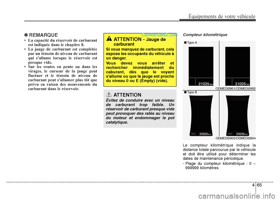 Hyundai Santa Fe 2012 Manuel du propriétaire (in French) 465
Équipements de votre véhicule
✽REMARQUE
• La capacité du réservoir de carburant
est indiquée dans le chapitre 8.
• La jauge de carburant est complétée
par un témoin de niveau de carb Hyundai Santa Fe 2012 Manuel du propriétaire (in French) 465
Équipements de votre véhicule
✽REMARQUE
• La capacité du réservoir de carburant
est indiquée dans le chapitre 8.
• La jauge de carburant est complétée
par un témoin de niveau de carb