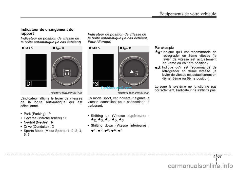 Hyundai Santa Fe 2012 Manuel du propriétaire (in French) 467
Équipements de votre véhicule
Indicateur de changement de
rapport
Indicateur de position de vitesse de
la boîte automatique (le cas échéant)
Lindicateur affiche le levier de vitesses
de la b Hyundai Santa Fe 2012 Manuel du propriétaire (in French) 467
Équipements de votre véhicule
Indicateur de changement de
rapport
Indicateur de position de vitesse de
la boîte automatique (le cas échéant)
Lindicateur affiche le levier de vitesses
de la b