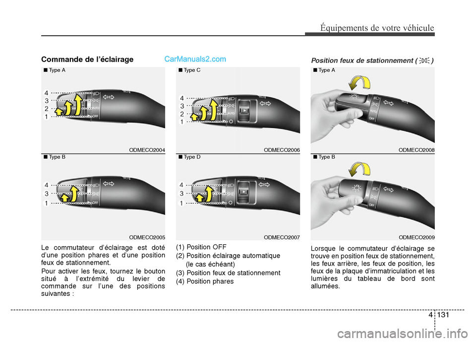 Hyundai Santa Fe 2012 Manuel du propriétaire (in French) 4 131
Équipements de votre véhicule
Commande de l’éclairage
Le commutateur d’éclairage est doté
d’une position phares et d’une position
feux de stationnement.
Pour activer les feux, tourn Hyundai Santa Fe 2012 Manuel du propriétaire (in French) 4 131
Équipements de votre véhicule
Commande de l’éclairage
Le commutateur d’éclairage est doté
d’une position phares et d’une position
feux de stationnement.
Pour activer les feux, tourn
