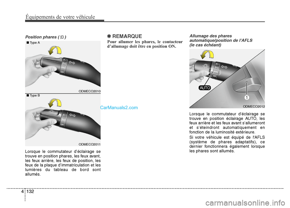 Hyundai Santa Fe 2012 Manuel du propriétaire (in French) Équipements de votre véhicule
132 4
Position phares ( )
Lorsque le commutateur d’éclairage se
trouve en position phares, les feux avant,
les feux arrière, les feux de position, les
feux de la pl Hyundai Santa Fe 2012 Manuel du propriétaire (in French) Équipements de votre véhicule
132 4
Position phares ( )
Lorsque le commutateur d’éclairage se
trouve en position phares, les feux avant,
les feux arrière, les feux de position, les
feux de la pl