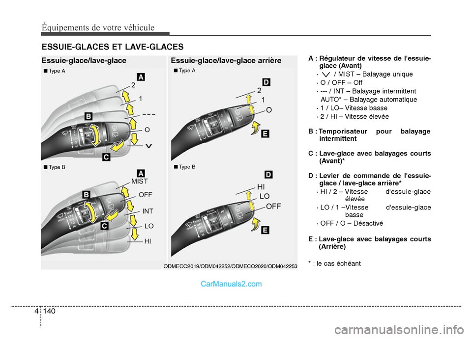 Hyundai Santa Fe 2012 Manuel du propriétaire (in French) Équipements de votre véhicule
140 4
A : Régulateur de vitesse de lessuie-
glace (Avant)
· / MIST – Balayage unique
· O / OFF – Off
· --- / INT – Balayage intermittent
AUTO* – Balayage Hyundai Santa Fe 2012 Manuel du propriétaire (in French) Équipements de votre véhicule
140 4
A : Régulateur de vitesse de lessuie-
glace (Avant)
· / MIST – Balayage unique
· O / OFF – Off
· --- / INT – Balayage intermittent
AUTO* – Balayage