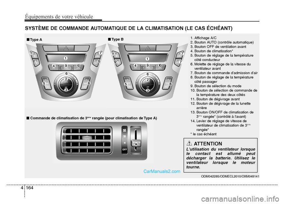Hyundai Santa Fe 2012 Manuel du propriétaire (in French) 164 4
Équipements de votre véhicule
SYSTÈME DE COMMANDE AUTOMATIQUE DE LA CLIMATISATION (LE CAS ÉCHÉANT)
ODM042285/ODMECL2010/OXM049141
1. Affichage A/C
2. Bouton AUTO (contrôle automatique)
3. Hyundai Santa Fe 2012 Manuel du propriétaire (in French) 164 4
Équipements de votre véhicule
SYSTÈME DE COMMANDE AUTOMATIQUE DE LA CLIMATISATION (LE CAS ÉCHÉANT)
ODM042285/ODMECL2010/OXM049141
1. Affichage A/C
2. Bouton AUTO (contrôle automatique)
3.