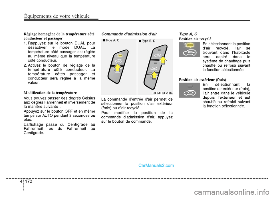 Hyundai Santa Fe 2012 Manuel du propriétaire (in French) 170 4
Équipements de votre véhicule
Réglage homogène de la température côté
conducteur et passager
1. Rappuyez sur le bouton DUAL pour
désactiver le mode DUAL. La
température côté passager Hyundai Santa Fe 2012 Manuel du propriétaire (in French) 170 4
Équipements de votre véhicule
Réglage homogène de la température côté
conducteur et passager
1. Rappuyez sur le bouton DUAL pour
désactiver le mode DUAL. La
température côté passager