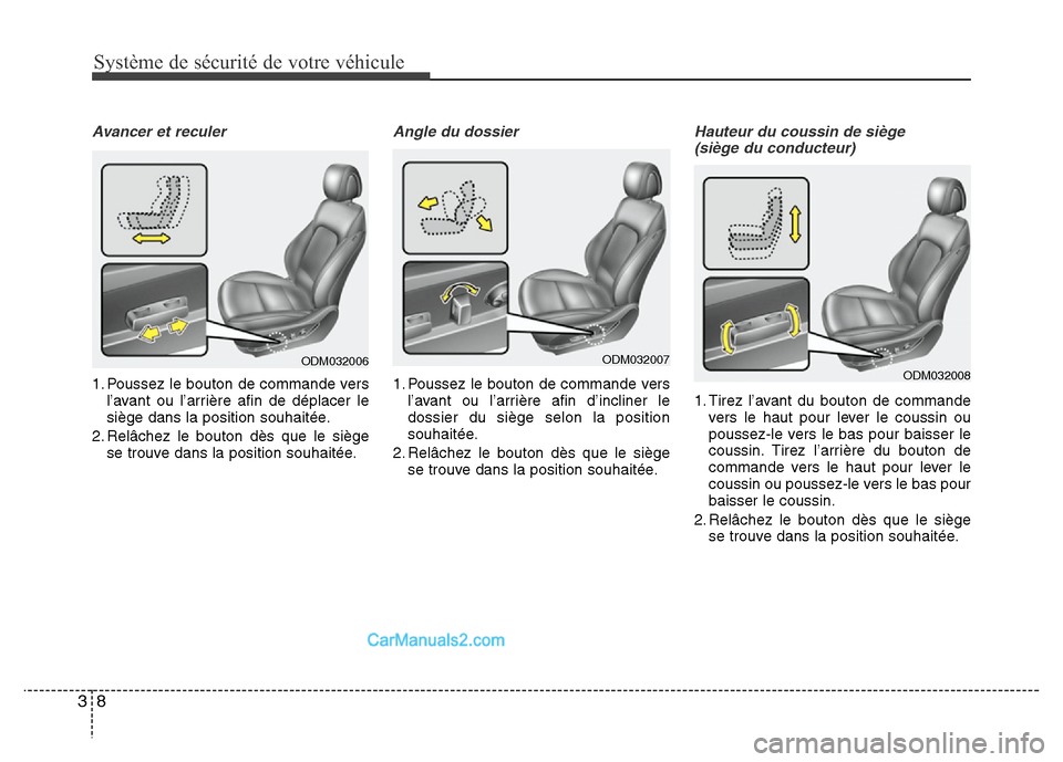 Hyundai Santa Fe 2012  Manuel du propriétaire (in French) Système de sécurité de votre véhicule
8 3
Avancer et reculer
1. Poussez le bouton de commande vers
l’avant ou l’arrière afin de déplacer le
siège dans la position souhaitée.
2. Relâchez l