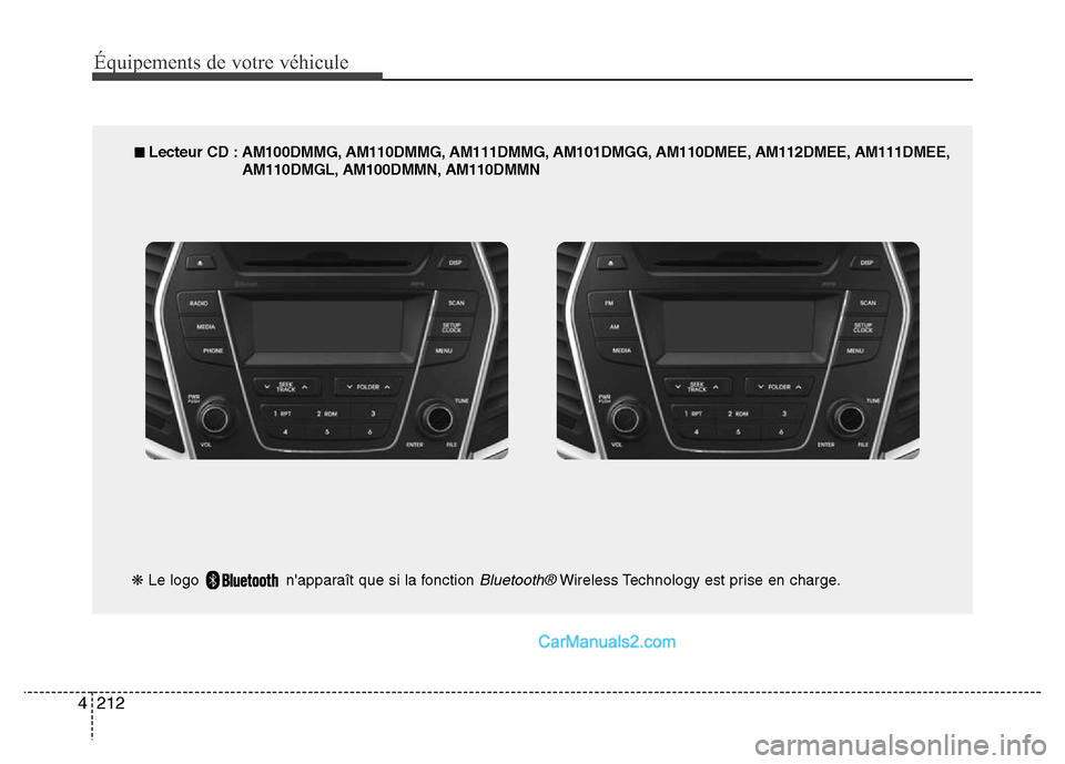 Hyundai Santa Fe 2012 Manuel du propriétaire (in French) 212 4
Équipements de votre véhicule
■ Lecteur CD : AM100DMMG, AM110DMMG, AM111DMMG, AM101DMGG, AM110DMEE, AM112DMEE, AM111DMEE,
AM110DMGL, AM100DMMN, AM110DMMN
❋Le logo napparaît que si la fo Hyundai Santa Fe 2012 Manuel du propriétaire (in French) 212 4
Équipements de votre véhicule
■ Lecteur CD : AM100DMMG, AM110DMMG, AM111DMMG, AM101DMGG, AM110DMEE, AM112DMEE, AM111DMEE,
AM110DMGL, AM100DMMN, AM110DMMN
❋Le logo napparaît que si la fo