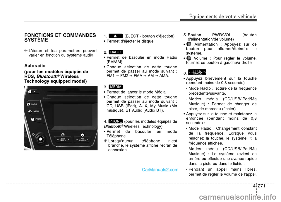 Hyundai Santa Fe 2012 Manuel du propriétaire (in French) 4271
Équipements de votre véhicule
FONCTIONS ET COMMANDES
SYSTÈME
❈ Lécran et les paramètres peuvent
varier en fonction du système audio
Autoradio
(pour les modèles équipés de
RDS,
Bluetoo Hyundai Santa Fe 2012 Manuel du propriétaire (in French) 4271
Équipements de votre véhicule
FONCTIONS ET COMMANDES
SYSTÈME
❈ Lécran et les paramètres peuvent
varier en fonction du système audio
Autoradio
(pour les modèles équipés de
RDS,
Bluetoo