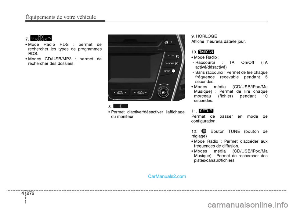 Hyundai Santa Fe 2012 Manuel du propriétaire (in French) 272 4
Équipements de votre véhicule
7.
• Mode Radio RDS : permet de
rechercher les types de programmes
RDS.
• Modes CD/USB/MP3 : permet de
rechercher des dossiers.
8.
• Permet dactiver/désac Hyundai Santa Fe 2012 Manuel du propriétaire (in French) 272 4
Équipements de votre véhicule
7.
• Mode Radio RDS : permet de
rechercher les types de programmes
RDS.
• Modes CD/USB/MP3 : permet de
rechercher des dossiers.
8.
• Permet dactiver/désac