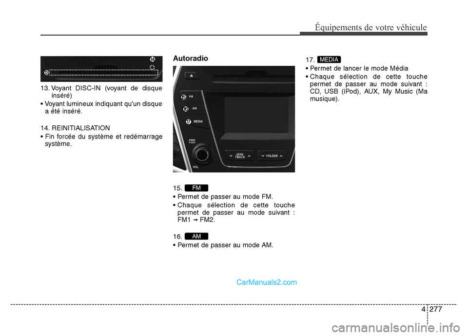Hyundai Santa Fe 2012 Manuel du propriétaire (in French) 4277
Équipements de votre véhicule
13. Voyant DISC-IN (voyant de disque
inséré)
• Voyant lumineux indiquant quun disque
a été inséré.
14. REINITIALISATION
• Fin forcée du système et red Hyundai Santa Fe 2012 Manuel du propriétaire (in French) 4277
Équipements de votre véhicule
13. Voyant DISC-IN (voyant de disque
inséré)
• Voyant lumineux indiquant quun disque
a été inséré.
14. REINITIALISATION
• Fin forcée du système et red